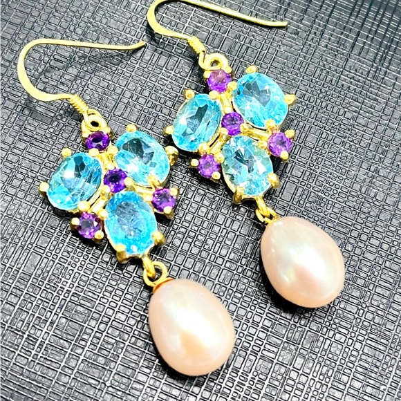 Jewelry - Genuine Pearl Topaz Amethyst 14KGP Earrings